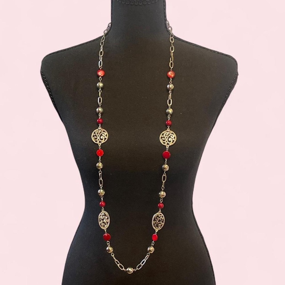 Mixit Gold-Tone Long Necklace with Red Beads